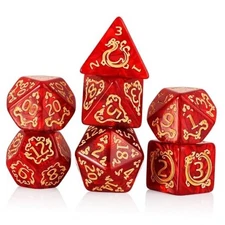 DND Dice Set - 7 Polyhedral Role Playing Dice with Gold Dragon Gold Dragon-red