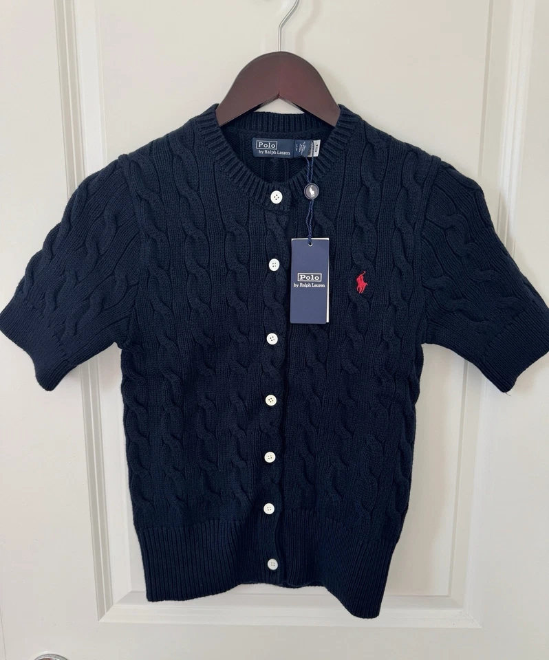 Cárdigan para mujer talla L/Ralph Lauren tejido con cable manga corta azul marino Foto 3 de 4