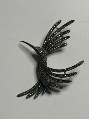 Sterling Silver Marcasite Hummingbird Brooch Pin Red Eye Signed Hallmarked