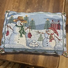 Vintage Boże Narodzenie Dwustronny gobelin Narzuta Poduszka Wioska i bałwan 17 x 12