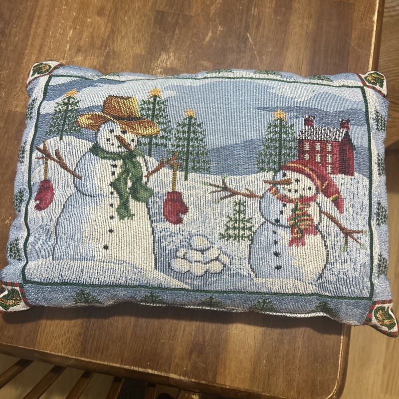 Vintage Christmas Double Sided Tapestry Throw Pillow village & snowman 17 x 12