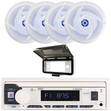 Pyle Single DIN MP3 Marine Receiver, 4x 6.5" 240W White Speakers, Radio Cover