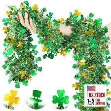 St Patricks Day Garland Decor Gold Green Shamrock Hat Tinsel Garland, 33 FT