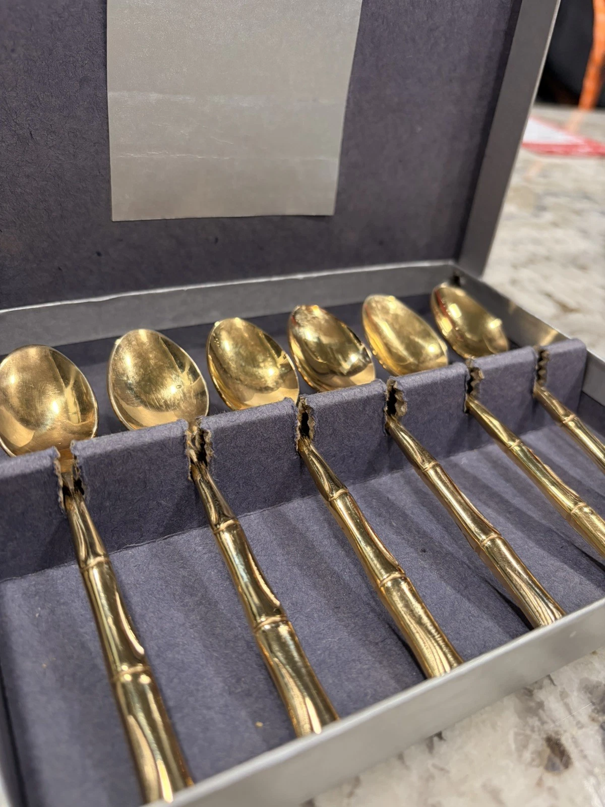 Rare! Vintage Oxford Hall Stainless Bamboo Design Gold Color Serving Spoons (6)