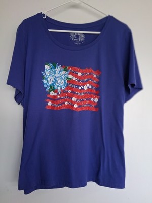 Plus 2X Coral Bay blue tee w/ American flag designed out of flowers. Excellent