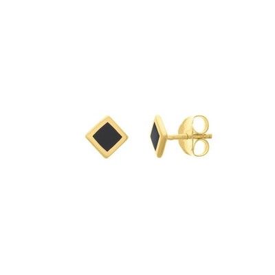 4mm Square Black Onxy Enamel Stud Earring Real 14K Yellow Gold