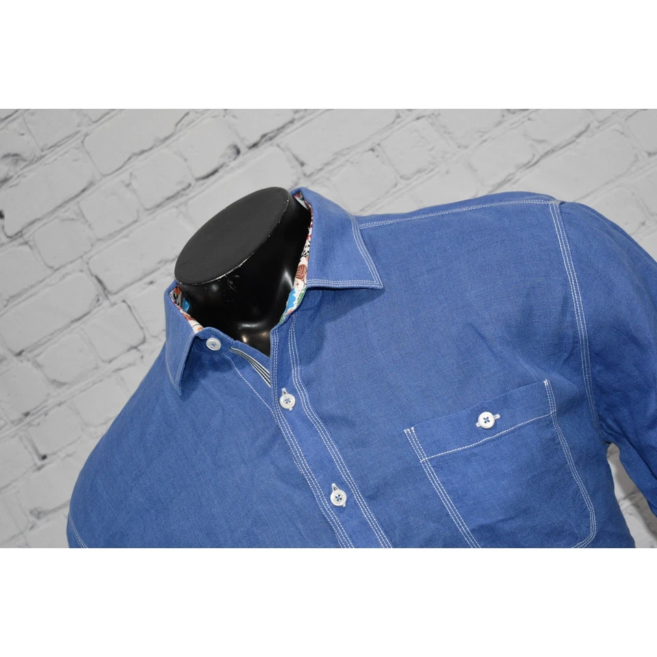 Bugatchi Uomo Linen Shirt Men Size XL Shaped Fit Blue Hawaiian Dress Button Down - Image 4 of 4