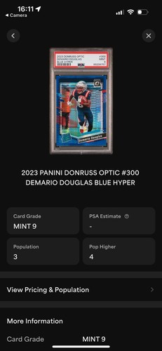 2023 Panini Optic #300 Demario Douglas RATED ROOKIE BLUE Hyper PSA 9 LOW POP - Picture 3 of 3