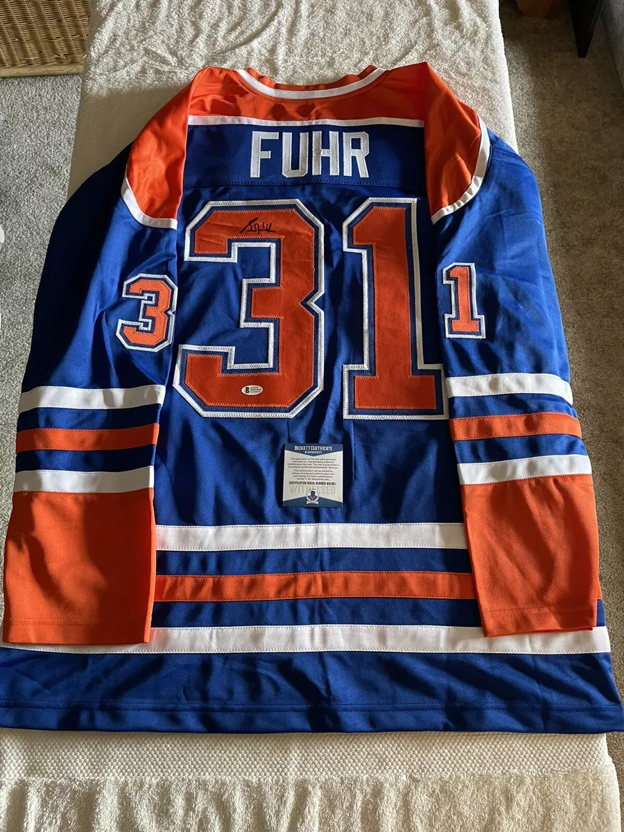 Autographed/Signed Grant Fuhr Edmonton Blue Hockey Jersey Beckett