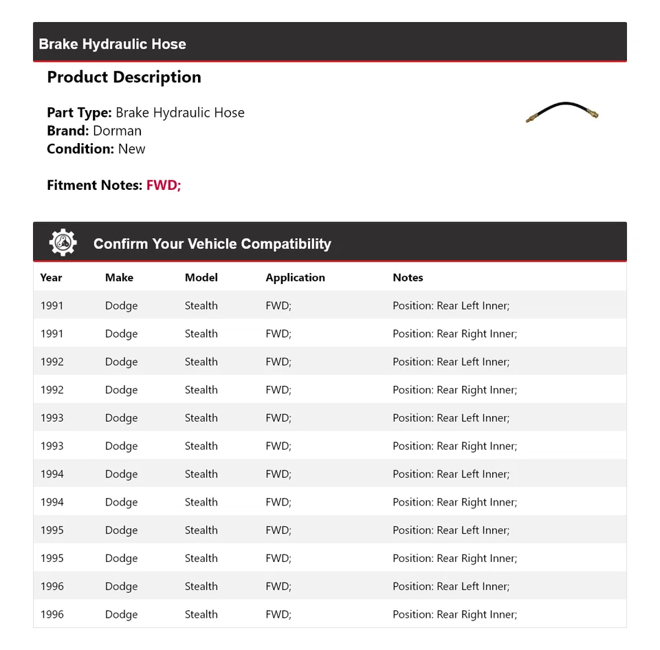 Manguera hidráulica de freno Dorman para Dodge Stealth 1991-1996 tracción delantera 1992 1993 1994 1995 Foto 2 de 4
