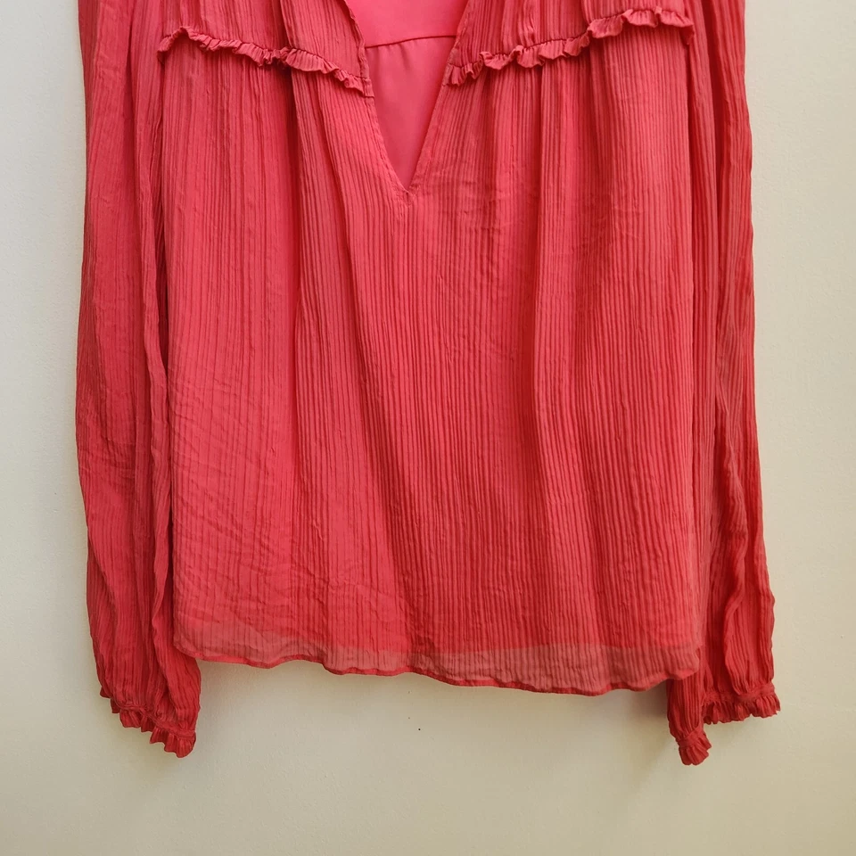 Marie Oliver Top Womens M Coral Silk Crinkle Flowy Ruffled Smocked Lined Blouse - Image 3 of 4