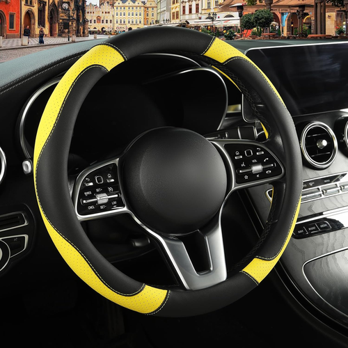 Leather Steering Wheel Cover, Breathable, anti Slip & Odor Free, Black and Yello - Picture 10 of 12