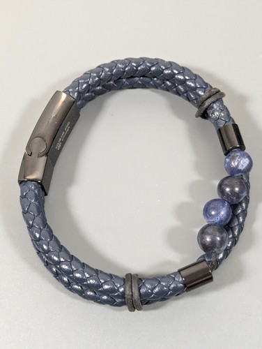 Blue Stone Braided Leather Cord Magnetic Bracelet Stainless Steel 8 inch - Picture 4 of 9