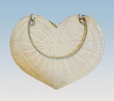 Metal Heart Wall Pocket Hanging Basket Distressed Ivory Double Handles 7.5  x 6"