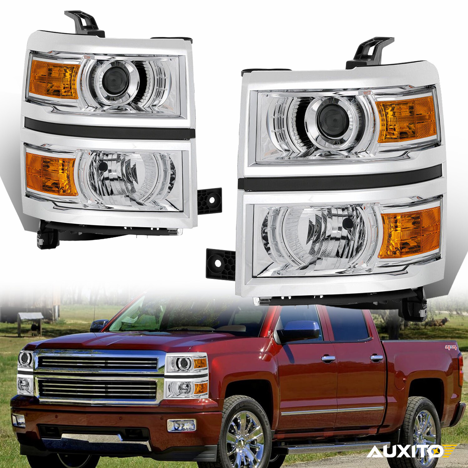 AUXITO Headlights For 2014-2015 Chevy Silverado 1500 Chrome Headlamps LH+RH Pair