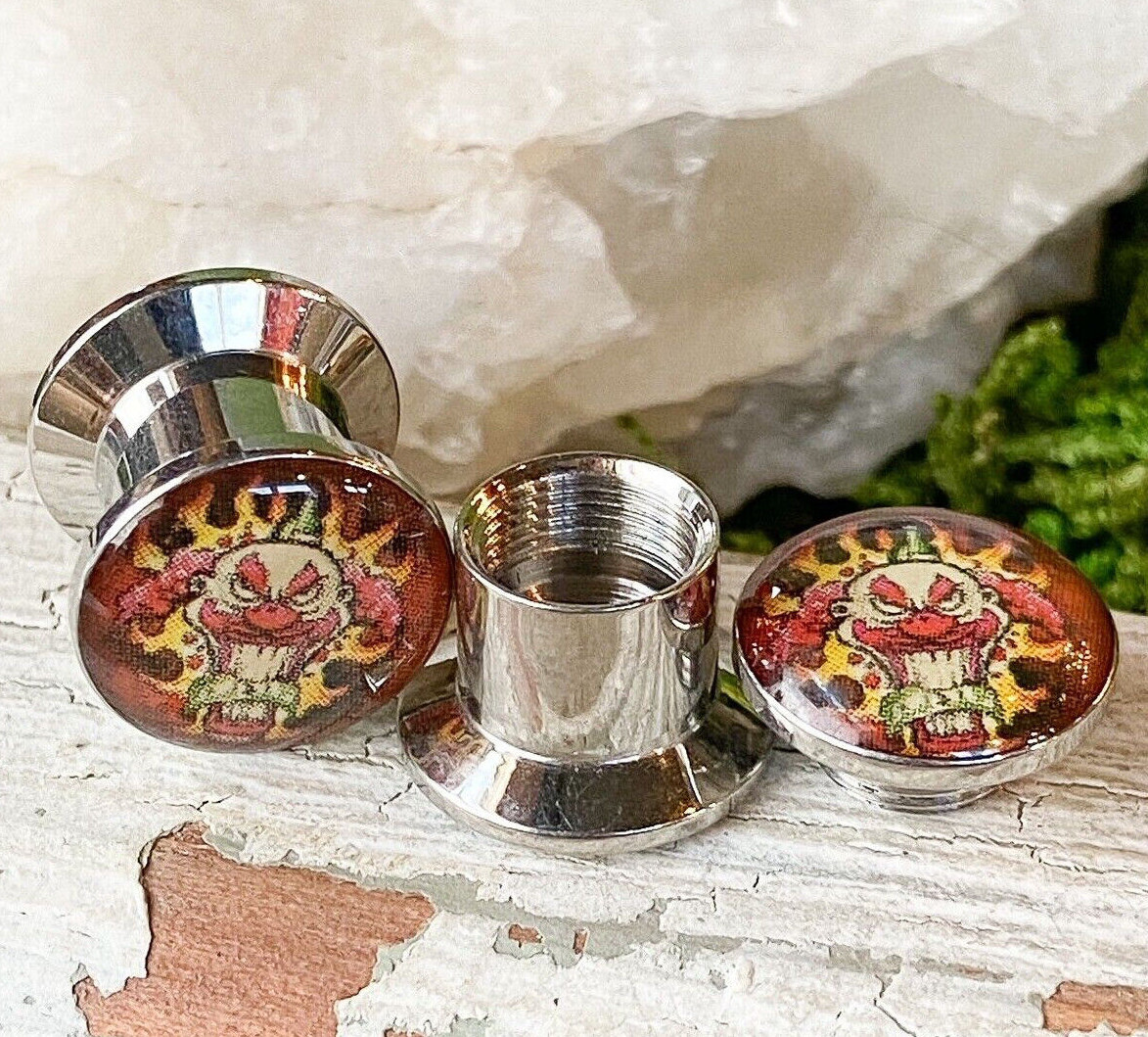 Stash Plug PAIR Steel Red Insane Clown Logo Stash Plugs Gauges Earlet Body ...