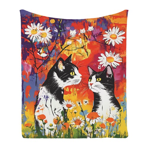 Cat Daisy Flower Butterfly Flannel Bedspread Sofa Lounge Throw Blanket Gift - Picture 2 of 22