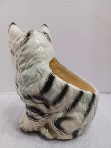Vintage 7" Tiger Striped Tabby Kitten Kitty CAT PLANTER Lefton Japan H4625 - Picture 3 of 7