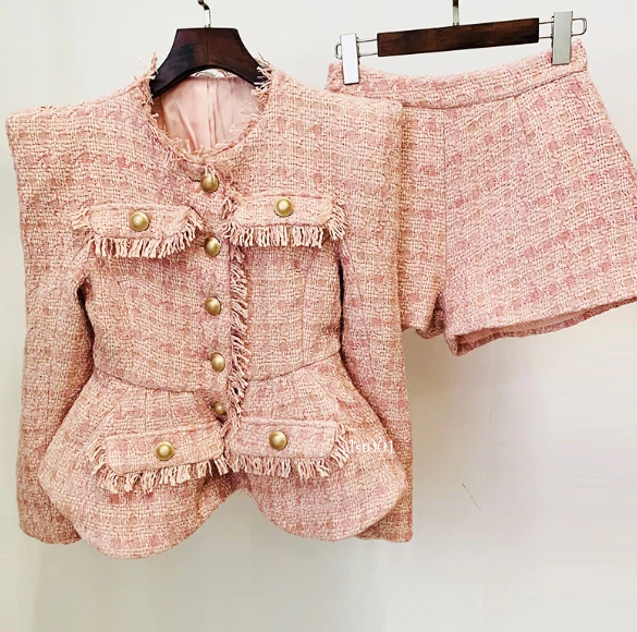 KITH Cappotto donna Occident Chic tweed girocollo nappa bordato pantaloncini ufficio set 2 pezzi