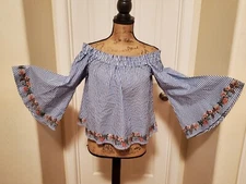 American Eagle Outfitters Women's Size M  Blue & White Striped Embroidered...