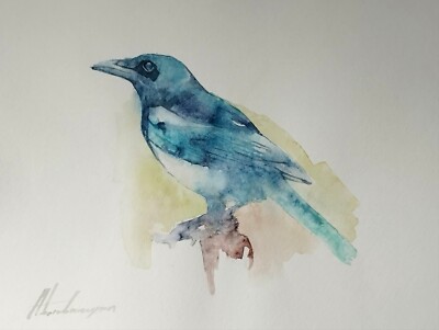 Magpie,  Birds, Watercolor artwork, Handmade, Original painting on paper
