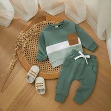 2PCS Winter Tracksuit Toddler Outfits Contrast Color Long Sleeve Sweatshirtst US