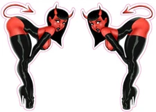 Red Devil in Black Leather Pin Up Girl Pairs Decal Sticker 3" 
