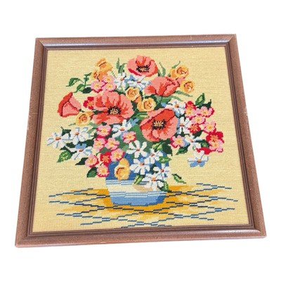 Finished Needlepoint Wood Framed Wall Art Cottagecore Home Decor Pansy 17.5x17.5