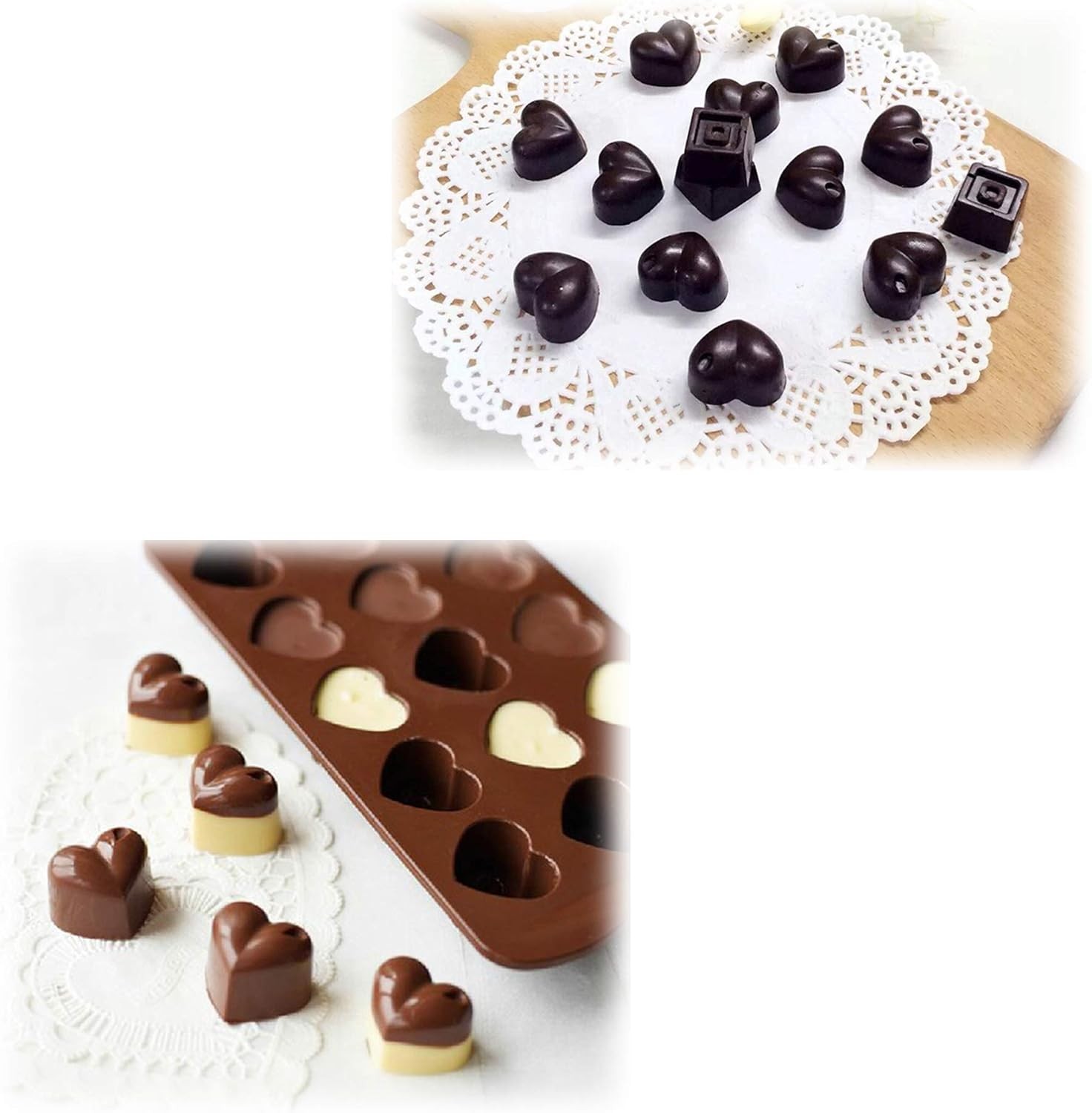 homEdge 15-Cavity Dimpled Heart Shape Chocolate Mold, Silicone Brown 