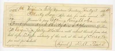 1884 Virginia City Montana Territory Promissory Note  D.A. Pease Elling Knight