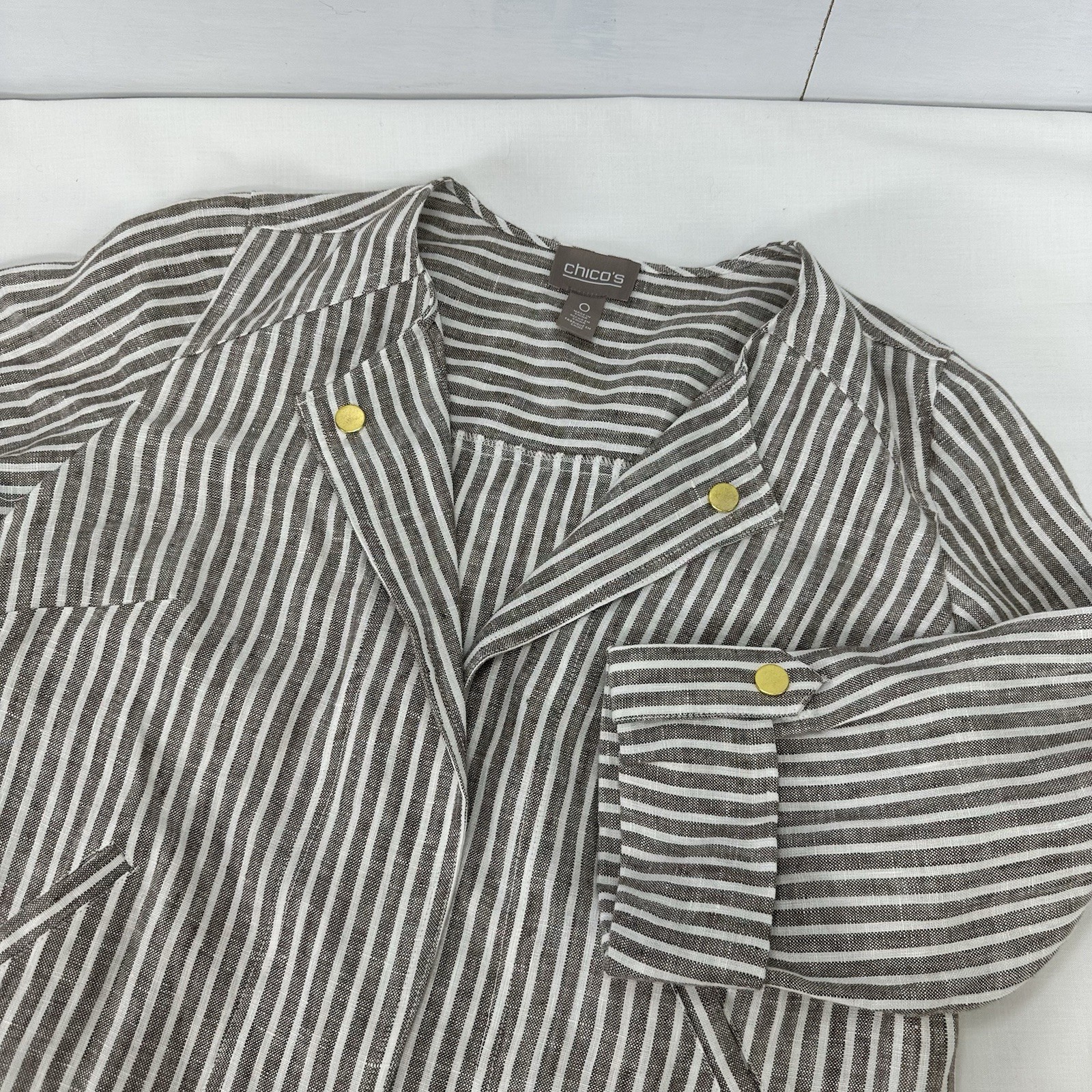 Chico's  Womans Casual Stripe 100% Linen Open Front Jacket Blazer Spring  Size 0