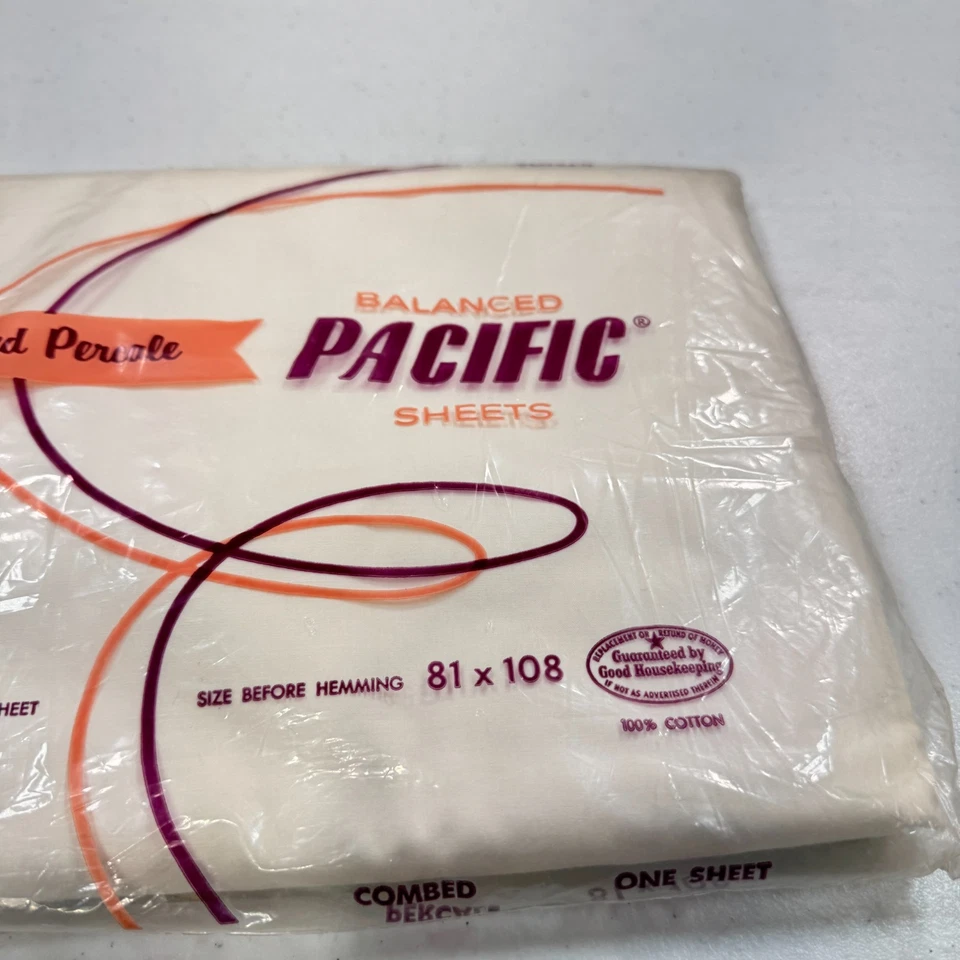 Sábana plana vintage pacific doble sólido blanco algodón percal mcm retro NOS EE. UU. Foto 4 de 4