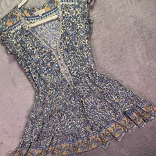 Iris Maxi Women Dress Sz 10 Blue Paisley Floral Tiered Boho Flutter Sleeve Mini