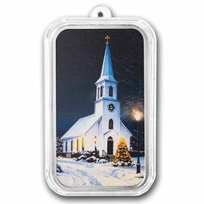 1 oz Silver Colorized Bar - Church Steeple at Night in the Snow