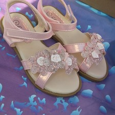 Girls Sandals, Pink Glitter Floral Bow Beaded, Hook Loop, Adjustable Strap