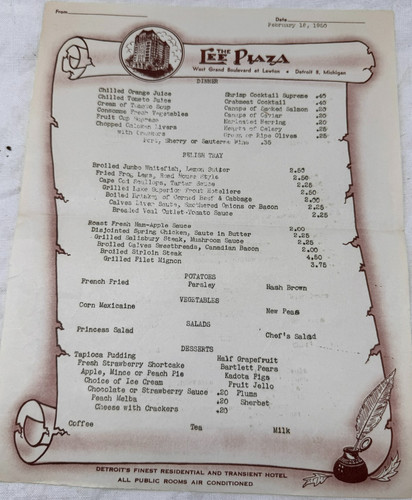 1950s Menu Lee Plaza Detroit Transient hotel Daily print out canape Caviar