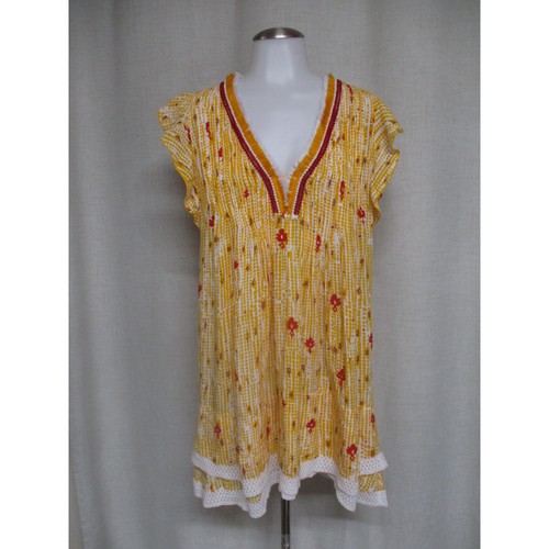 POUPETTE ST BARTH Yellow pattern Fringe V Neck Ruffled Sleeve Bohemian ...