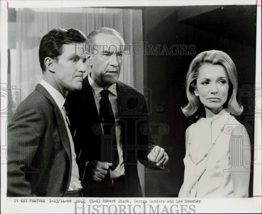 1968 Press Photo Robert Stack, George Sanders and Lee Bouvier in a movie scene