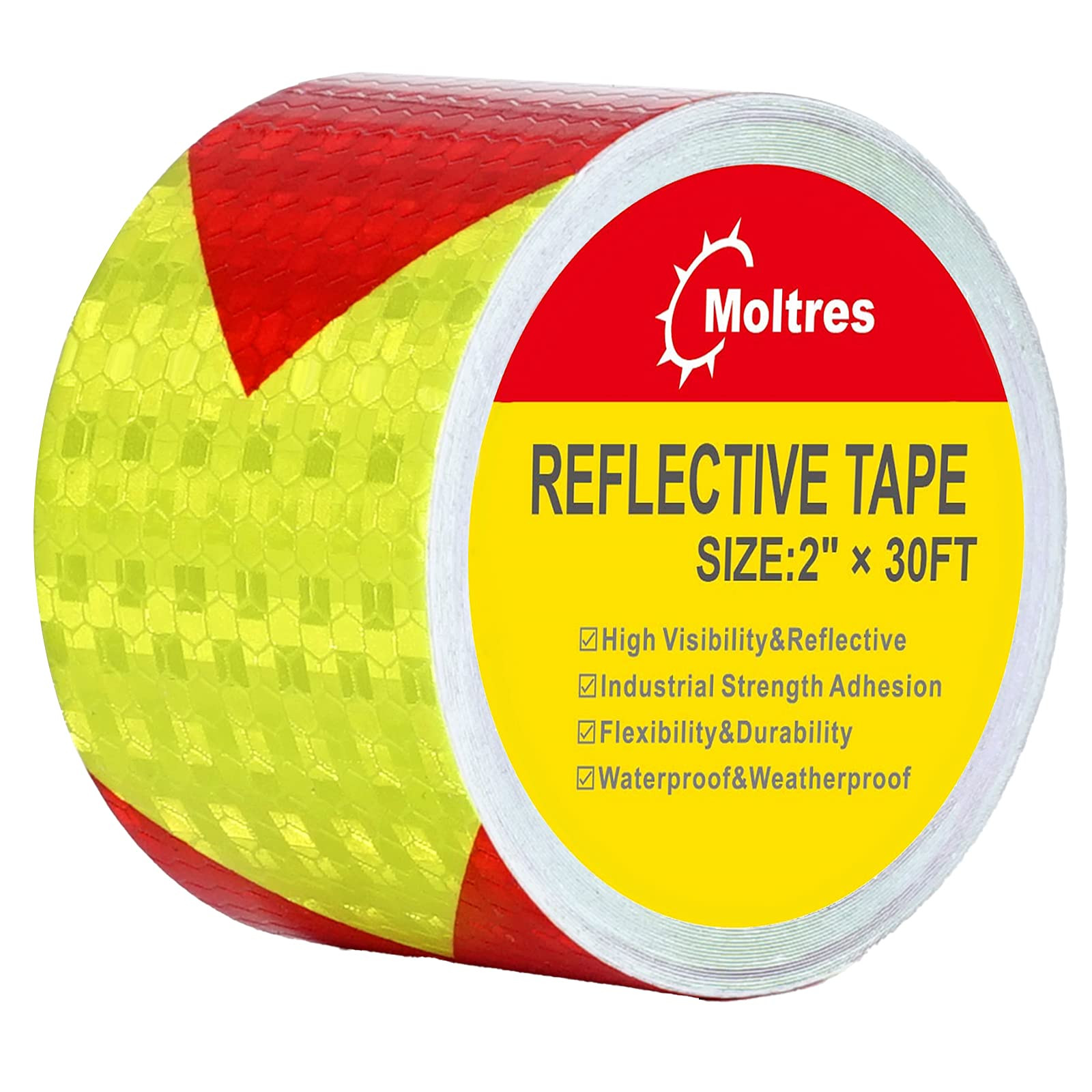 MOLTRES 2in x 30ft Red Yellow Waterproof Reflective Tape for High Visibility Safety