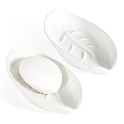 Soap Holder, Self Draining Soap Dishes 2PCS, Leaf Shape Ceramic Bar Soap Hold...