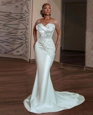 Sheer Neck Mermaid Wedding Dresses Bride Long Sleeve Appliques Beading Pleats