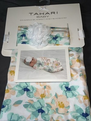 Tahari Baby Flower Floral  Baby Swaddle Blanket And Headband Set