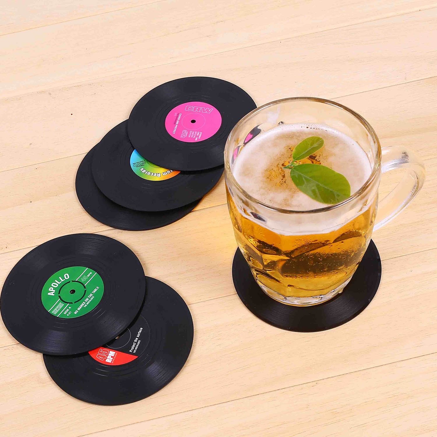 Coasters for Drinks with Gift Box - Set of 6 Colorful Retro Vinyl Record Disk...