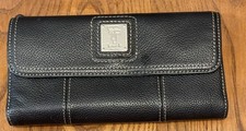 Tignanello Black Pebbled Leather Trifold Wallet Organizer Clutch Floral Lining