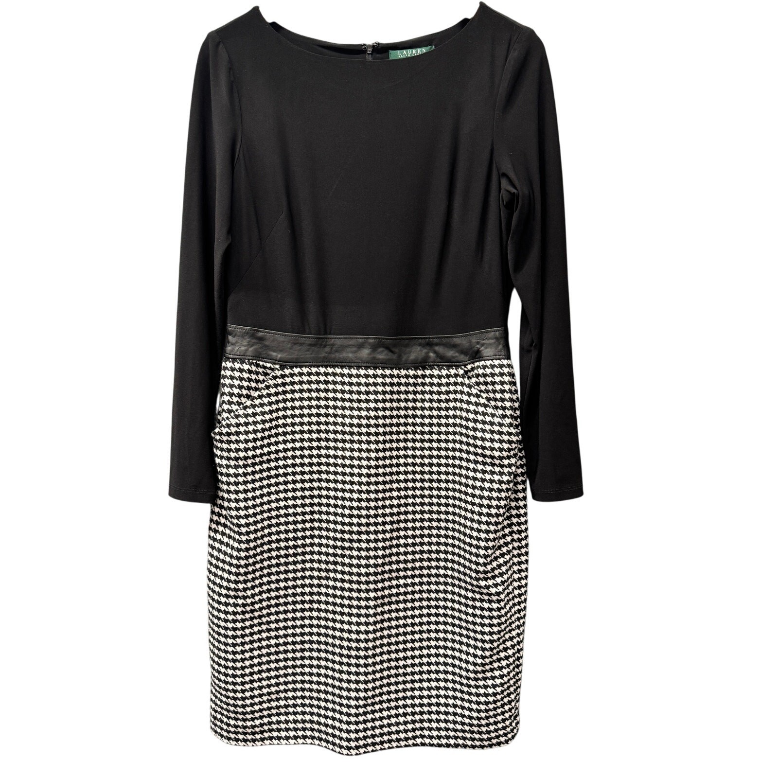 Lauren Ralph Lauren Dress Womens 10 Black Houndstooth Faux Leather Details