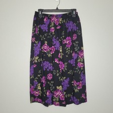 Vintage 90s black purple floral dark Romantic pull on midi skirt size small