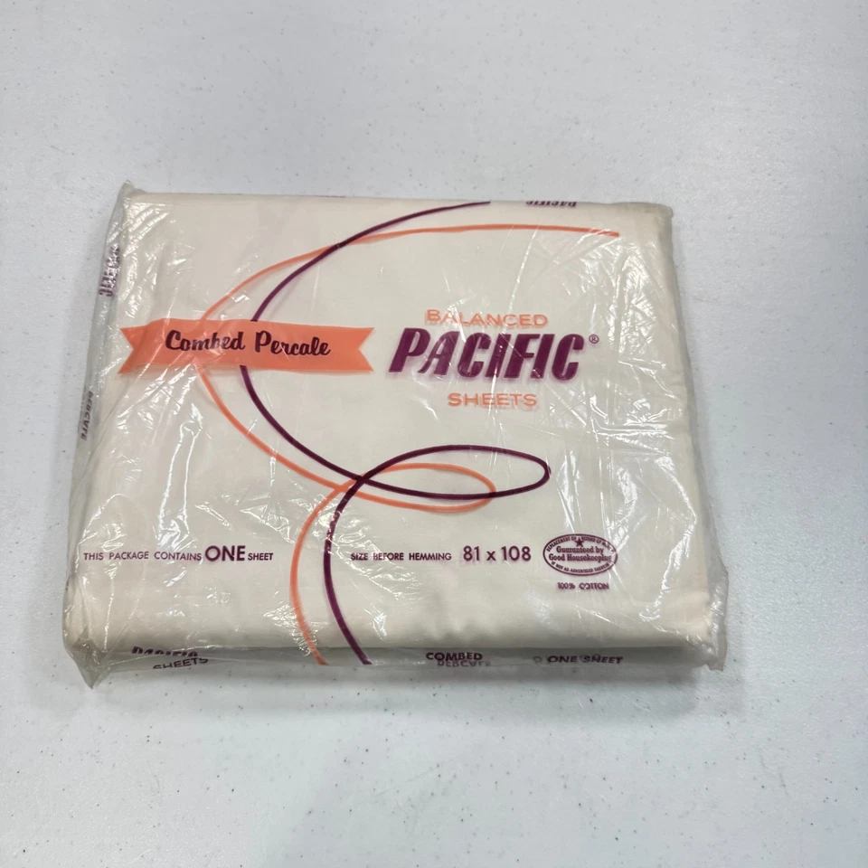 Sábana plana vintage pacific doble sólido blanco algodón percal mcm retro NOS EE. UU. Foto 2 de 4
