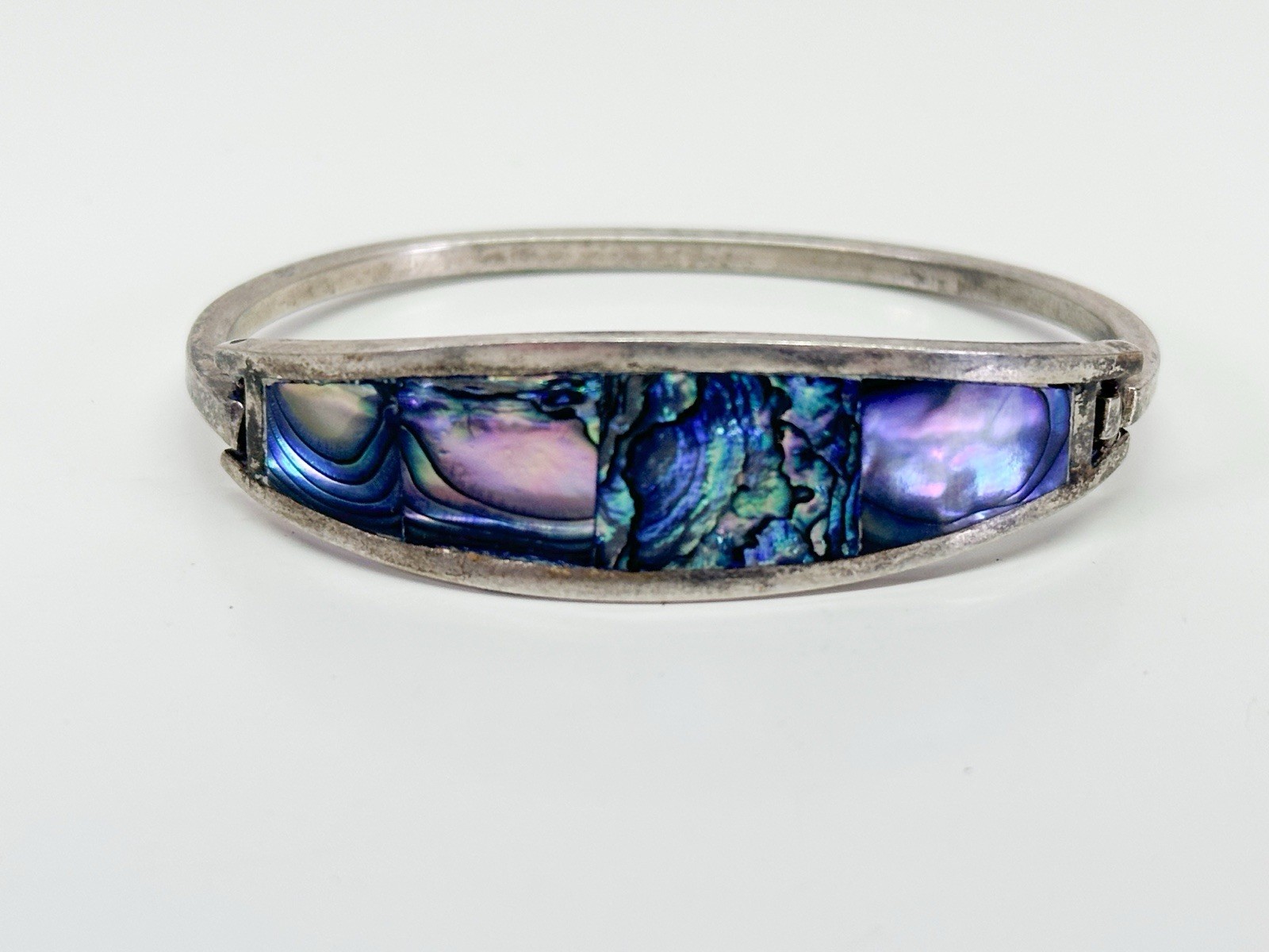 MCM Abalone Hinged Cuff Bangle Bracelet Alpaca Ey… - image 1