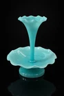 VTG Fenton Turquoise Blue Milk Glass Epergne 1 Horn Vase Ruffled MCM READ