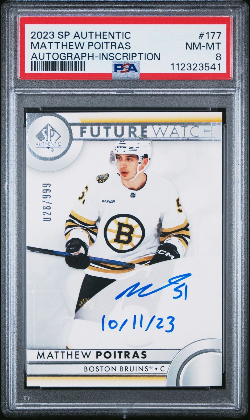 2023-24 Sp Authentic Future Watch Auto inscribed Matthew Poitras #028/999 Bruins